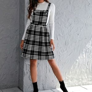 Houndstooth and plaid print overall dress